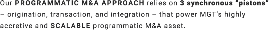 Our programmatic M&A approach relies on 3 synchronous “pistons” – origination, transaction, and integration – that po...