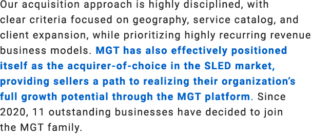 Our acquisition approach is highly disciplined, with clear criteria focused on geography, service catalog, and client...