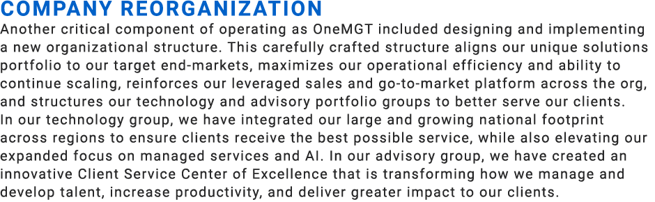 Company Reorganization ​ Another critical component of operating as OneMGT included designing and implementing a new ...