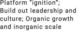 Platform “ignition”; Build out leadership and culture; Organic growth and inorganic scale
