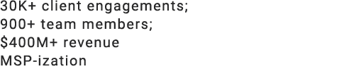 30K+ client engagements; 900+ team members; $400M+ revenue MSP ization