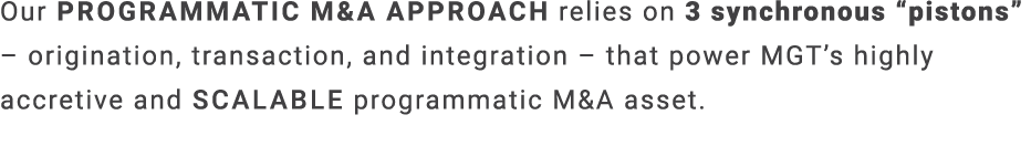 Our programmatic M&A approach relies on 3 synchronous “pistons” – origination, transaction, and integration – that po...