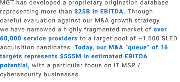 MGT has developed a proprietary origination database representing more than $25B in EBITDA. Through careful evaluatio...