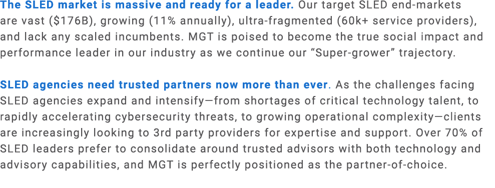 The SLED market is massive and ready for a leader. Our target SLED end markets are vast ($176B), growing (11% annuall...