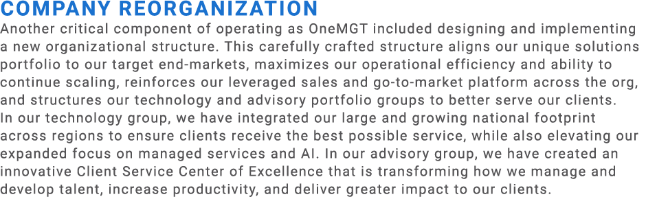 Company Reorganization ​ Another critical component of operating as OneMGT included designing and implementing a new ...