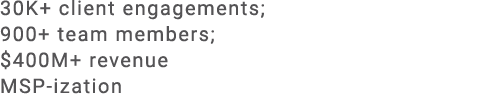 30K+ client engagements; 900+ team members; $400M+ revenue MSP ization