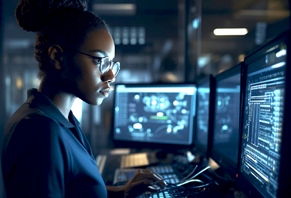 Side view on black woman IT developer working with computer in dark office, created with Generative AI Technology