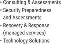 • Consulting & Assessments • Security Preparedness and Assessments • Recovery & Response (managed services) • Technol...